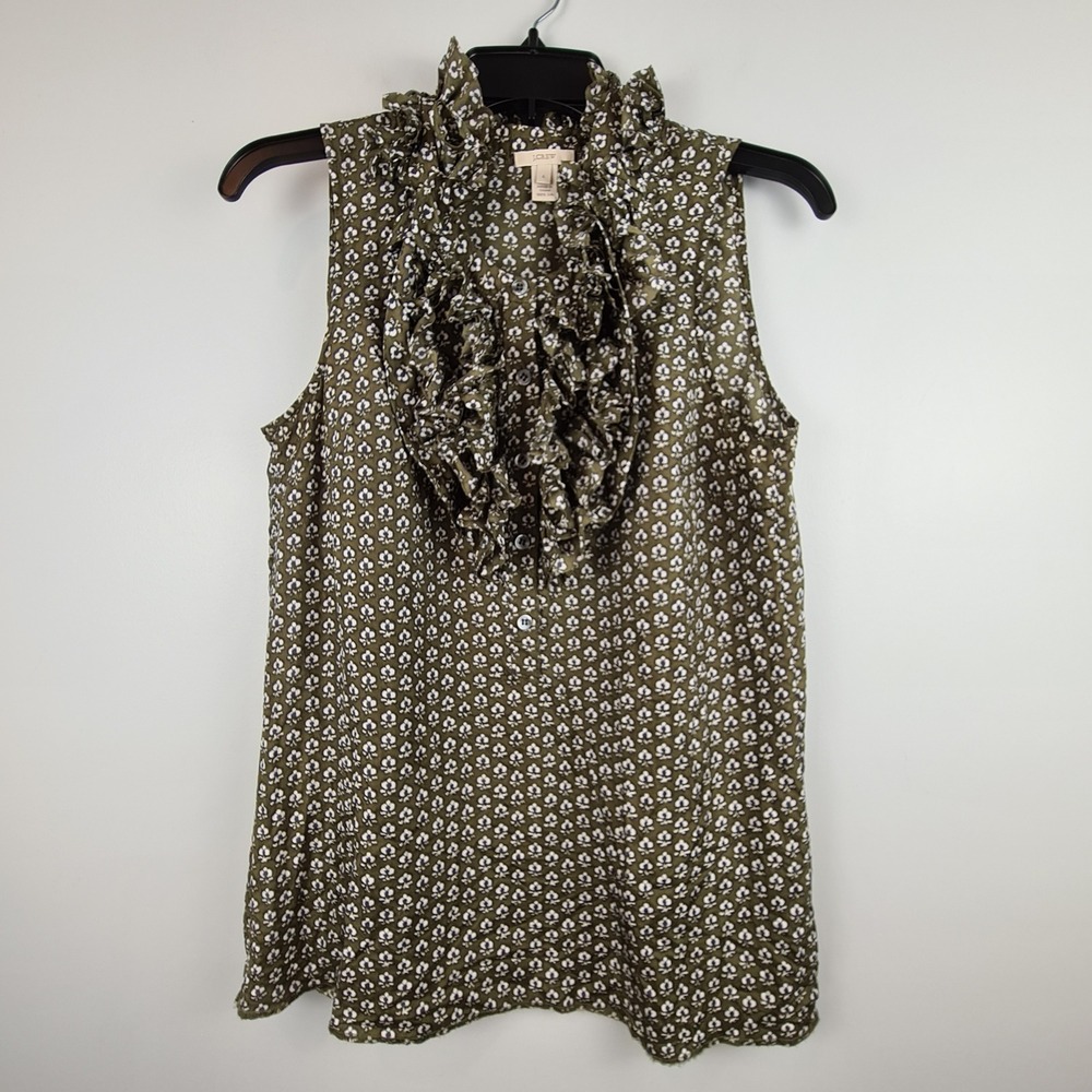 J.Crew Womens 100% Silk Ruffle Front Sleeveless Blouse Sz 6‎ Olive Green Floral